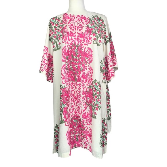 Sue Sartor Kaftan Shift Midi Dress Large Embroidered Bell Sleeve Birds Trees - Picture 1 of 15